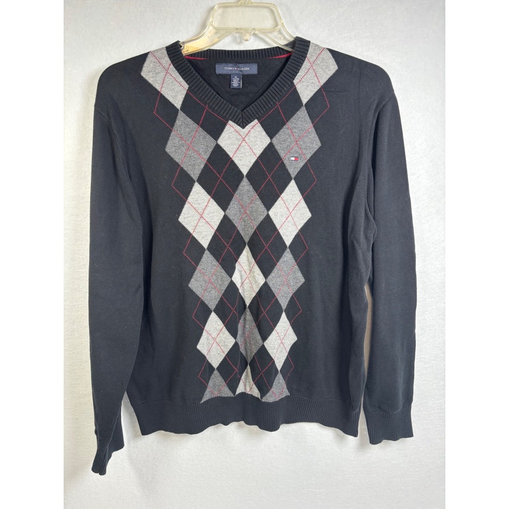 Tommy Hilfiger Sweater Mens XL Black Cotton Argyle V-Neck Preppy Pullover